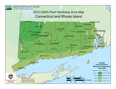 USDA Hardiness Zone map for Connecticut and Rhode Island 2023