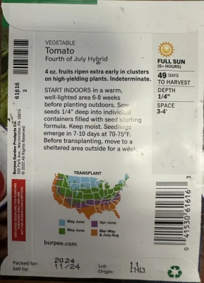 Seed packet with growing instructions