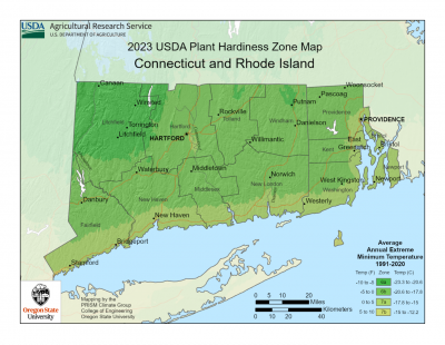 Map of Connecticut USDA Hardiness zones as of 2023. Most zones in the state are either zone 6 or zone 7.