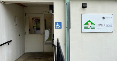 Handicap entrance of the Radcliffe Hicks Buillding with the UConn Home & Garden Education Center sign