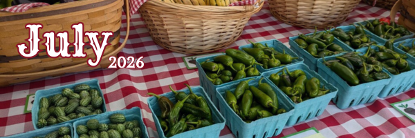 Decorative banner with “July 2026” text over a farmers market table displaying baskets of green peppers and small cucumbers on a red-and-white checkered tablecloth.