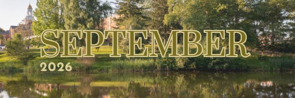 September 2026 banner with green trees reflecting off a pond, and a college campus in the background. 